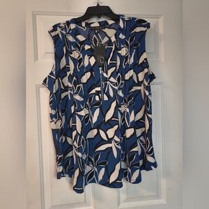 Fred David Blue White Sleeveless Leaf Floral Print Blouse Casual Zipper Top 2X